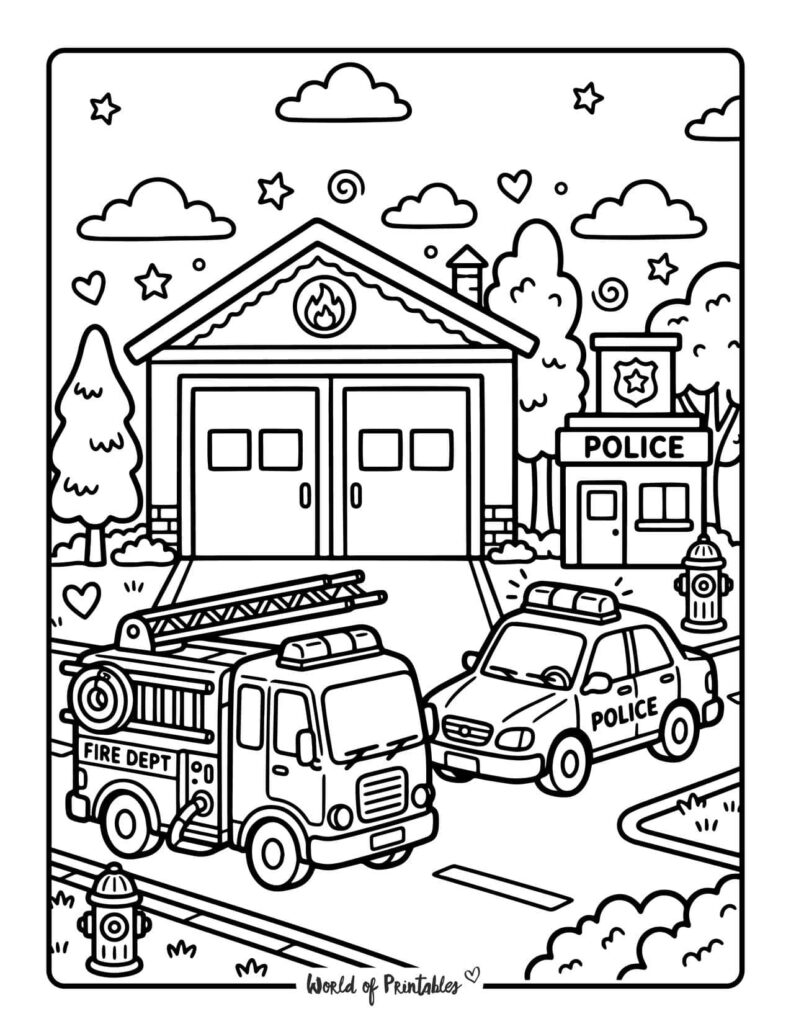 Fire Station and Fire Truck Coloring Page