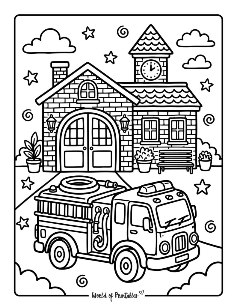Fire Truck At Fire Station Coloring Page
