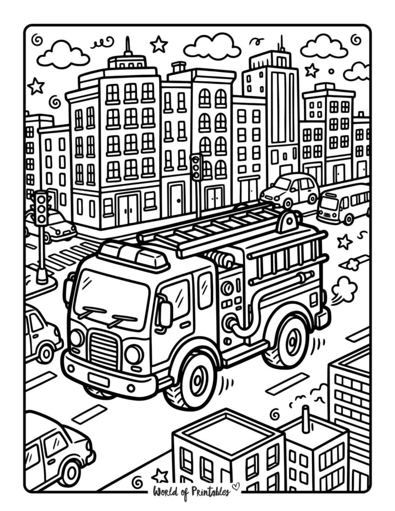Fire Truck In The City Coloring Page