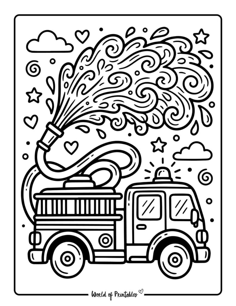 Fire Truck Spraying Water Coloring Page