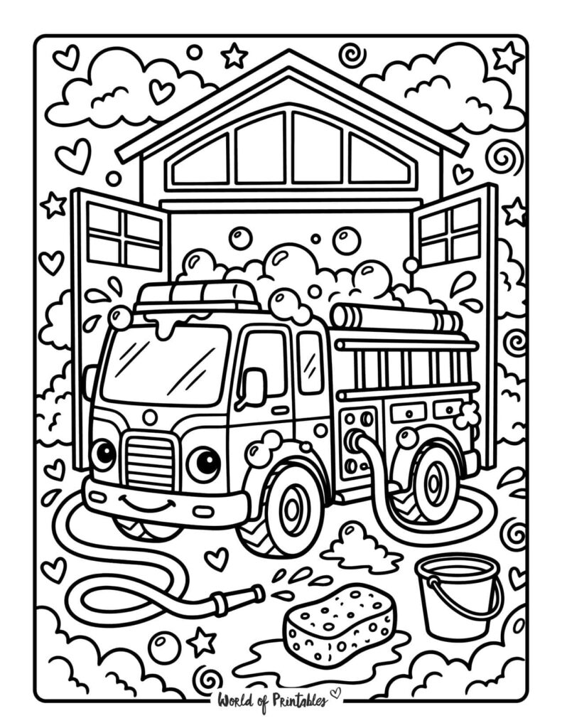 Fire Truck Wash Coloring Page