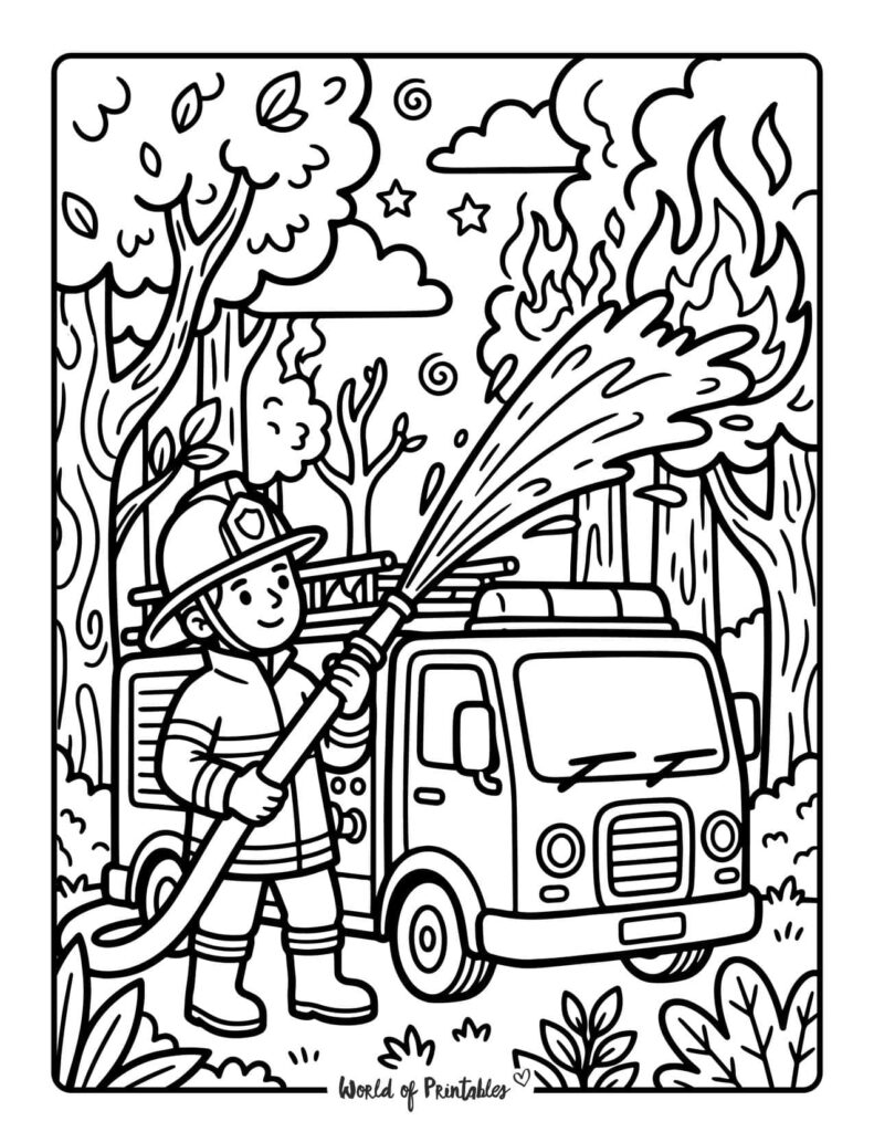 Firefighter Putting Out Forest Fire Coloring Page