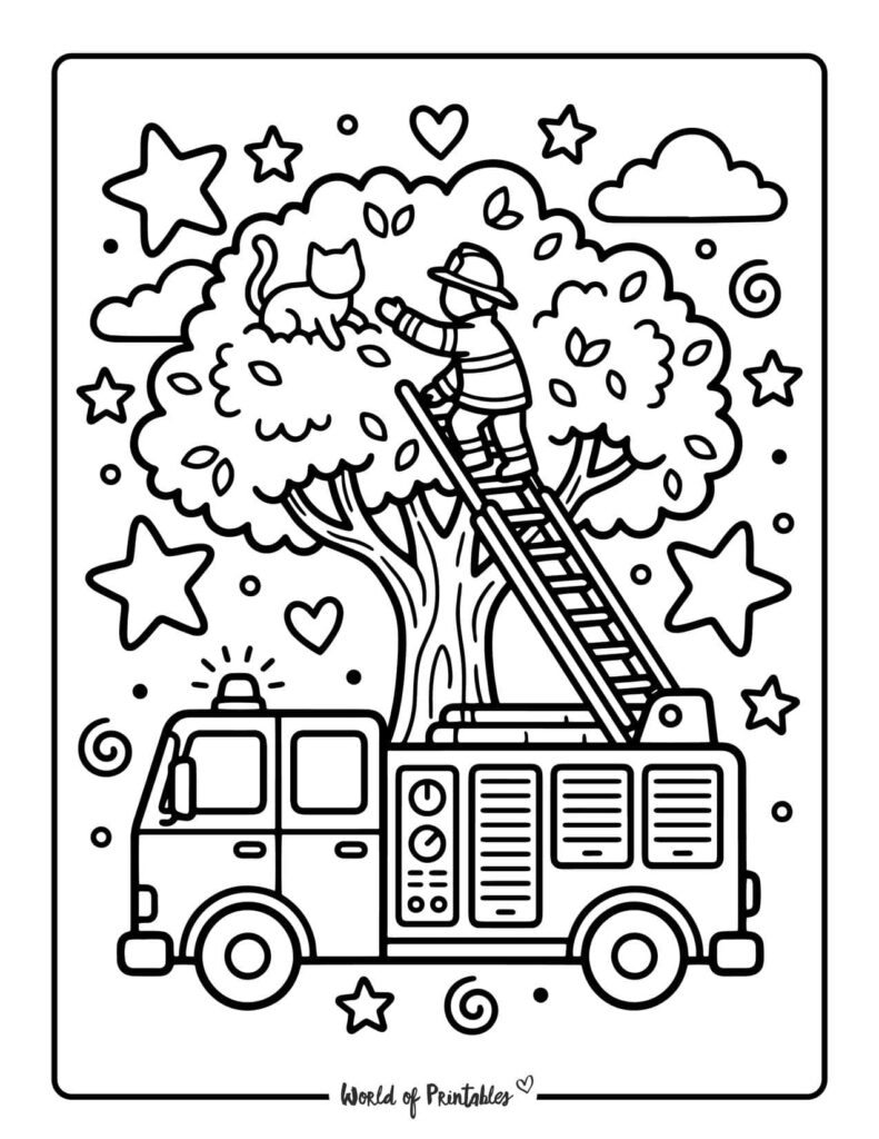 Firefighter Rescuing Cat Coloring Page