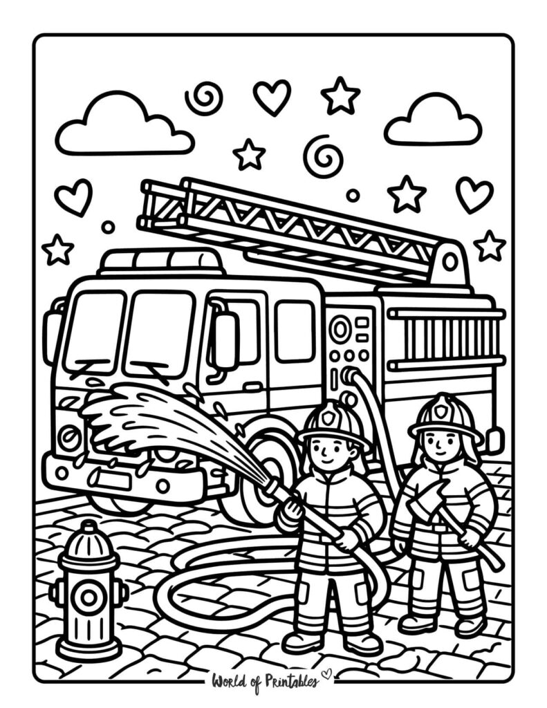 Firefighters With Fire Truck Coloring Page