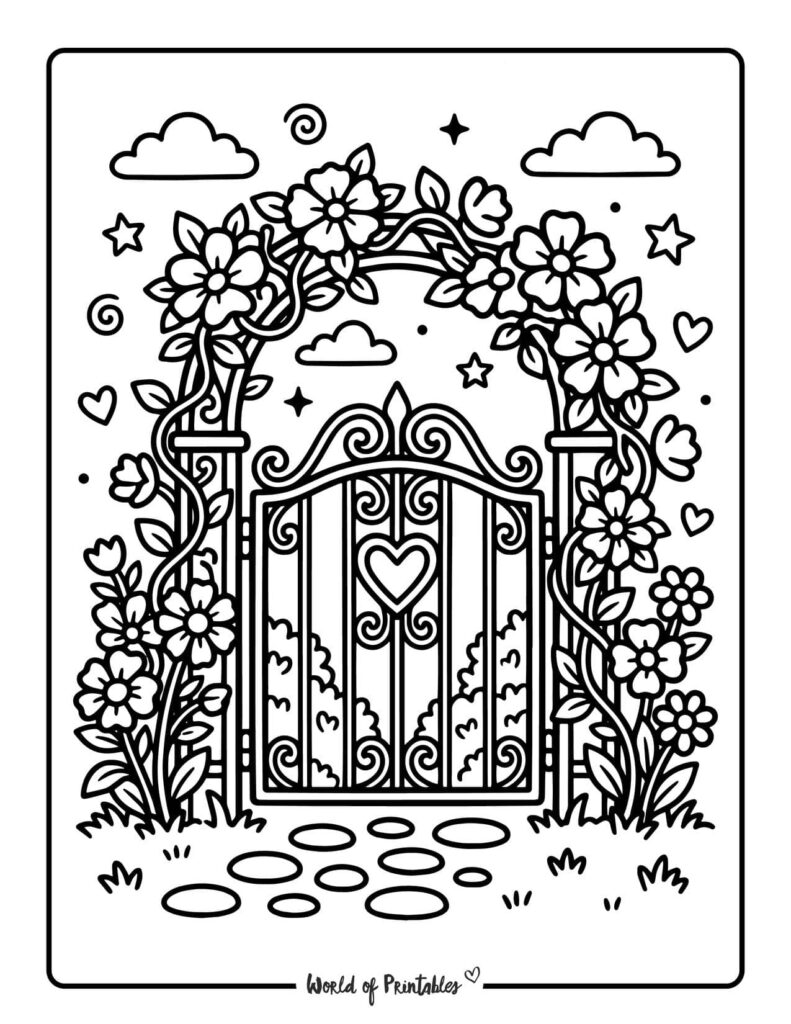 Floral Garden Gate Coloring Page
