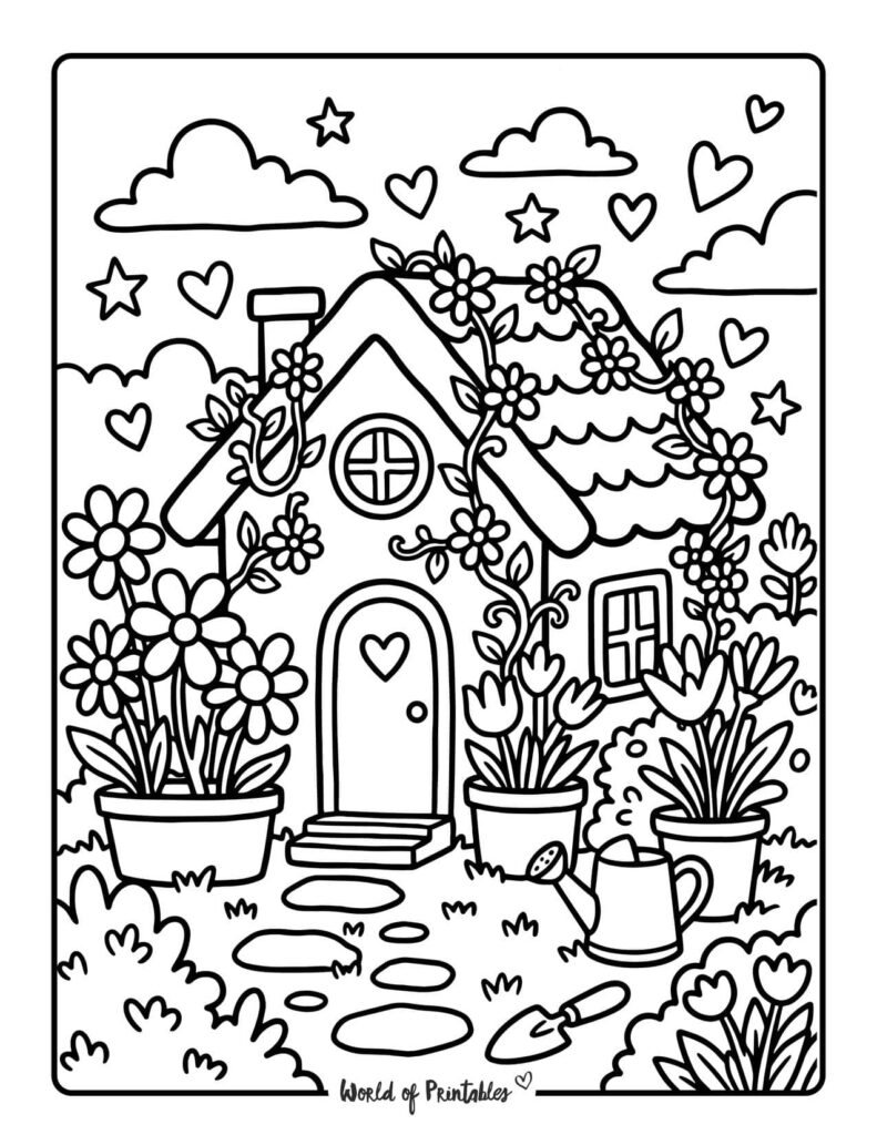 Flower Cottage Garden Coloring Page