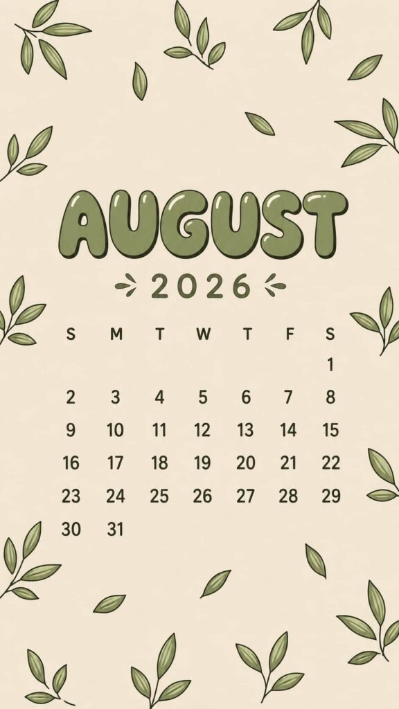 Green Botanical August 2026 Calendar Phone Wallpaper