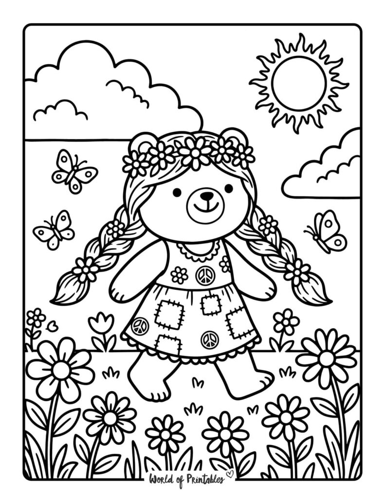 Hippie Bear Girl Coloring Page