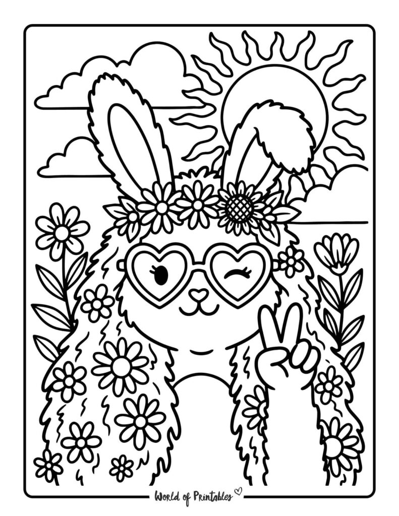 Hippie Bunny Peace Sign Coloring Page
