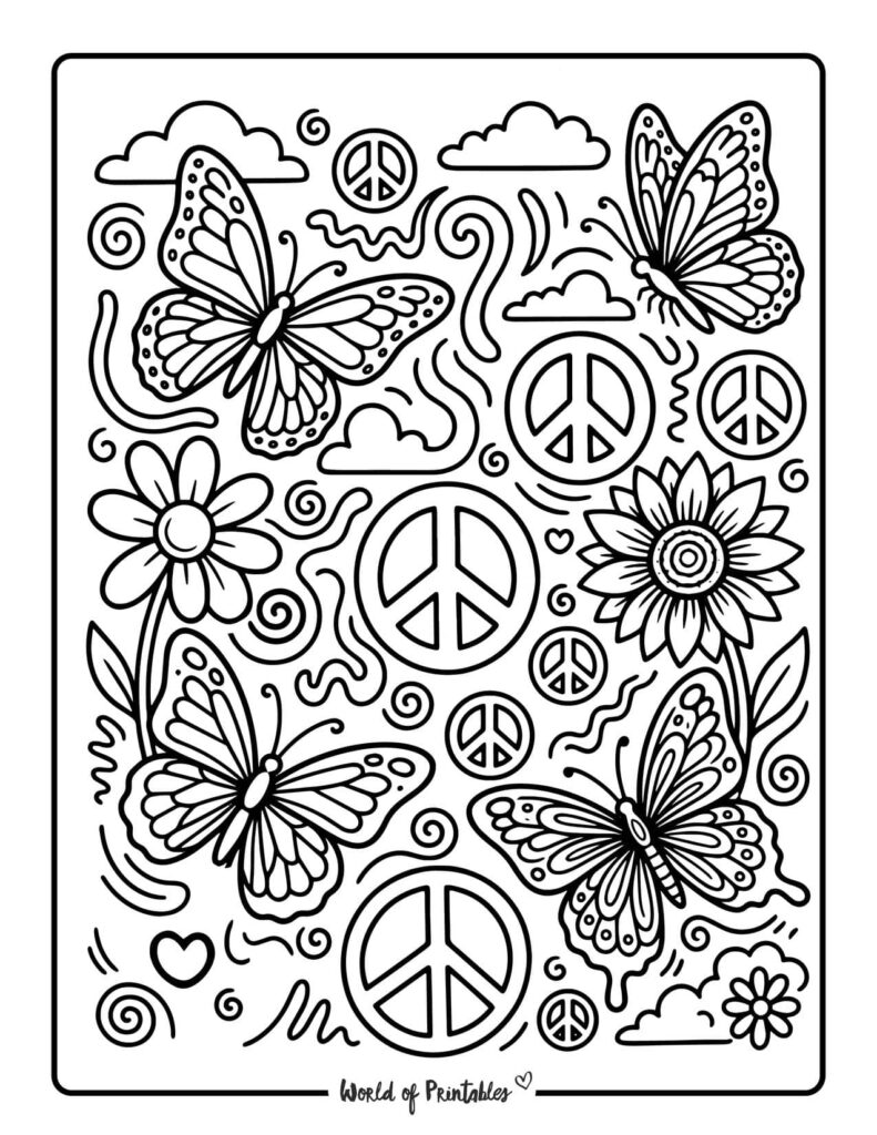 Hippie Butterflies Peace Symbols Coloring Page