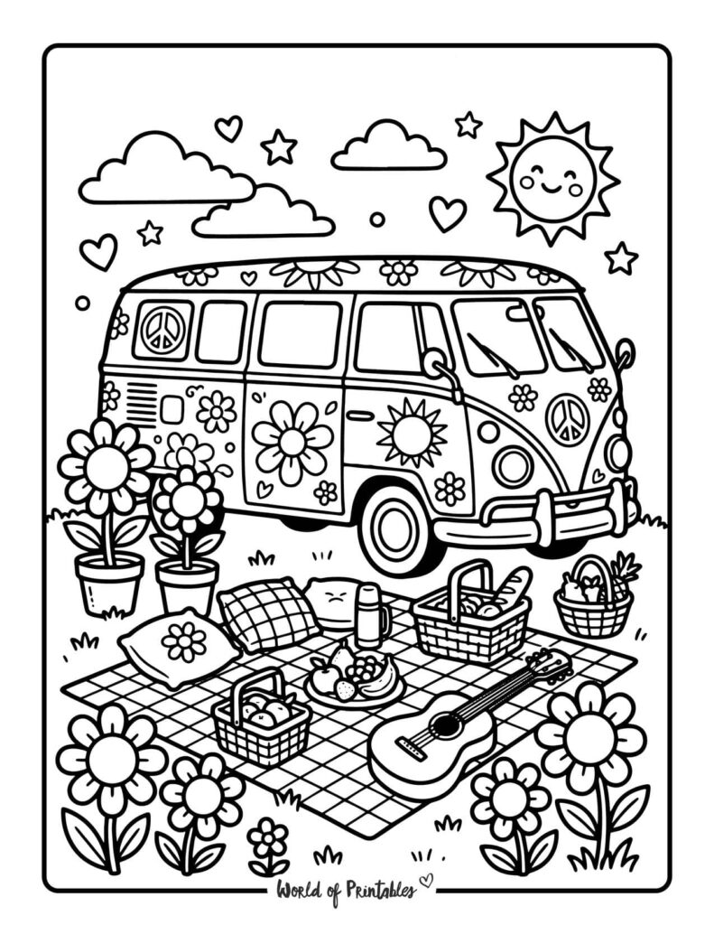 Hippie Camper Van Coloring Page