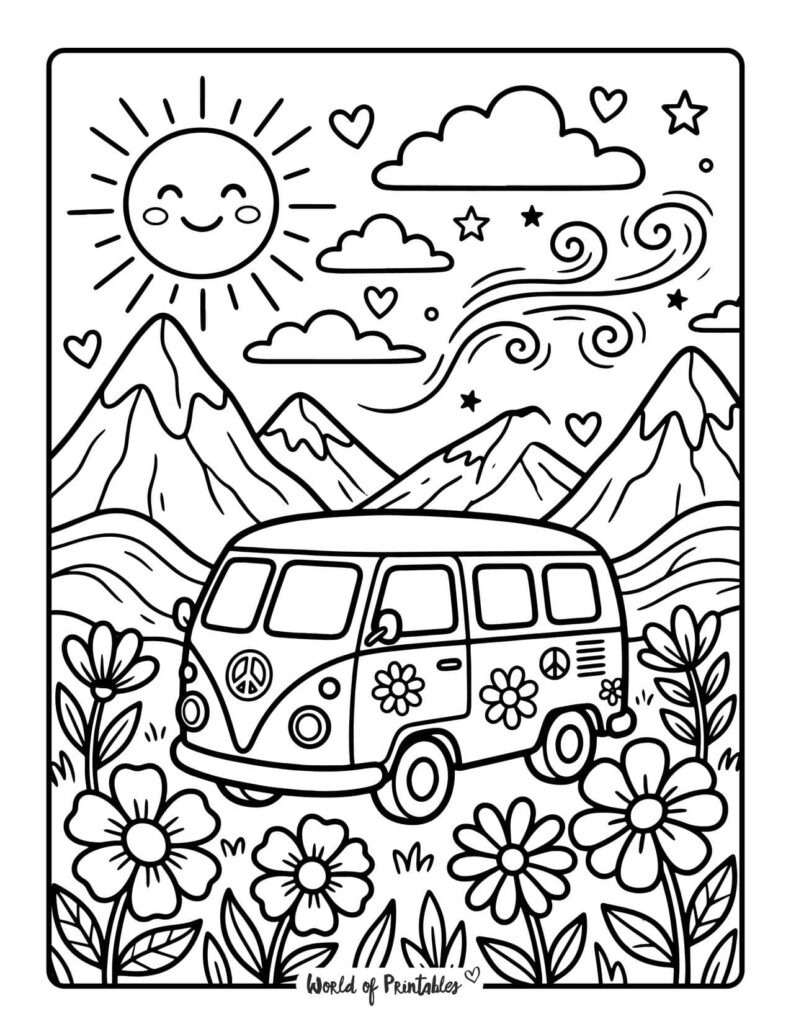Hippie Camper Van Mountain Coloring Page