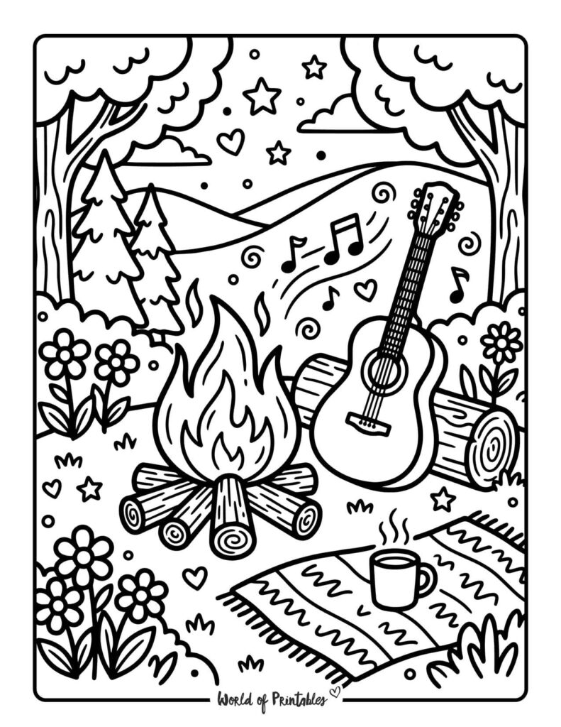 Hippie Campfire Guitar Coloring Page