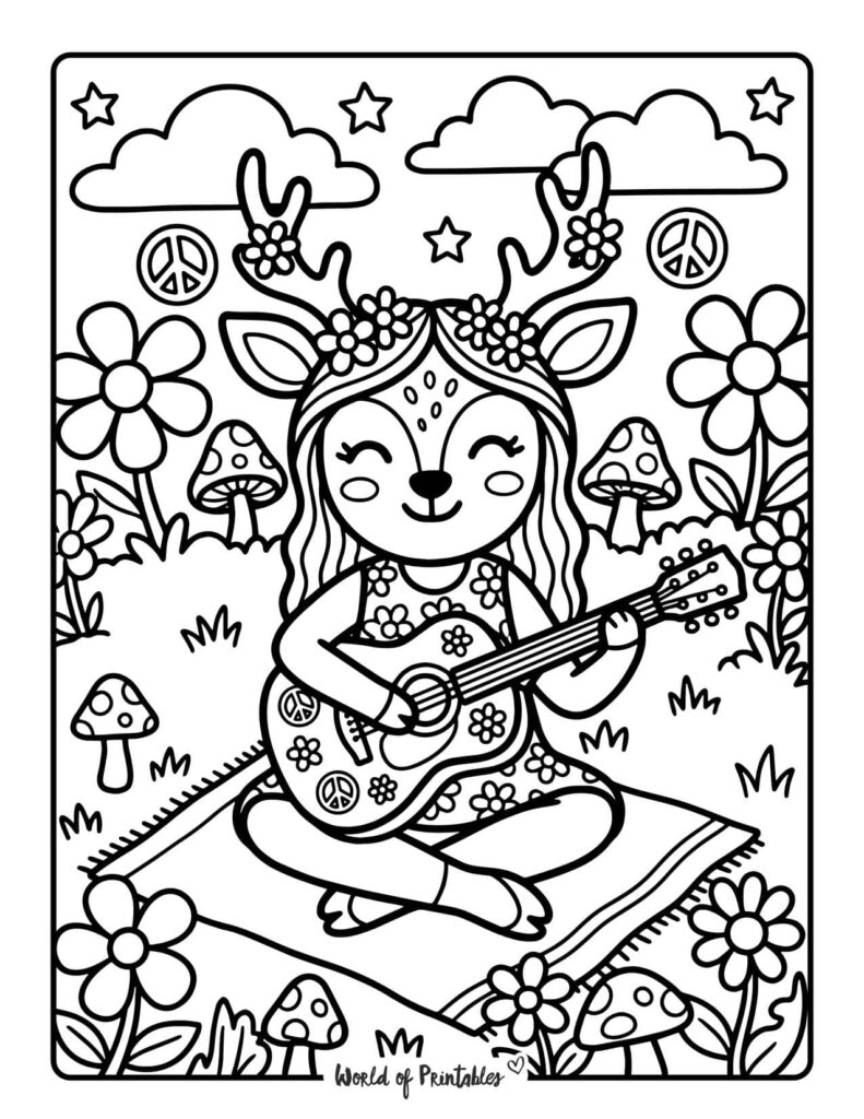 Hippie Deer Playing Guitar Coloring Page