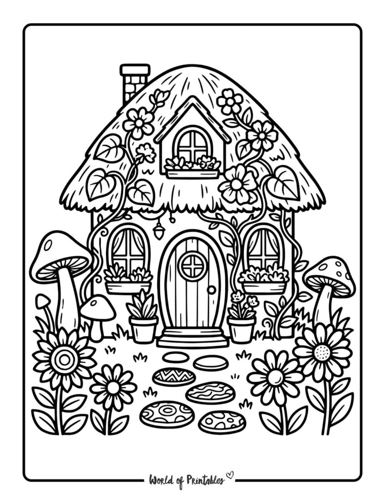 Hippie Flower Cottage Coloring Page