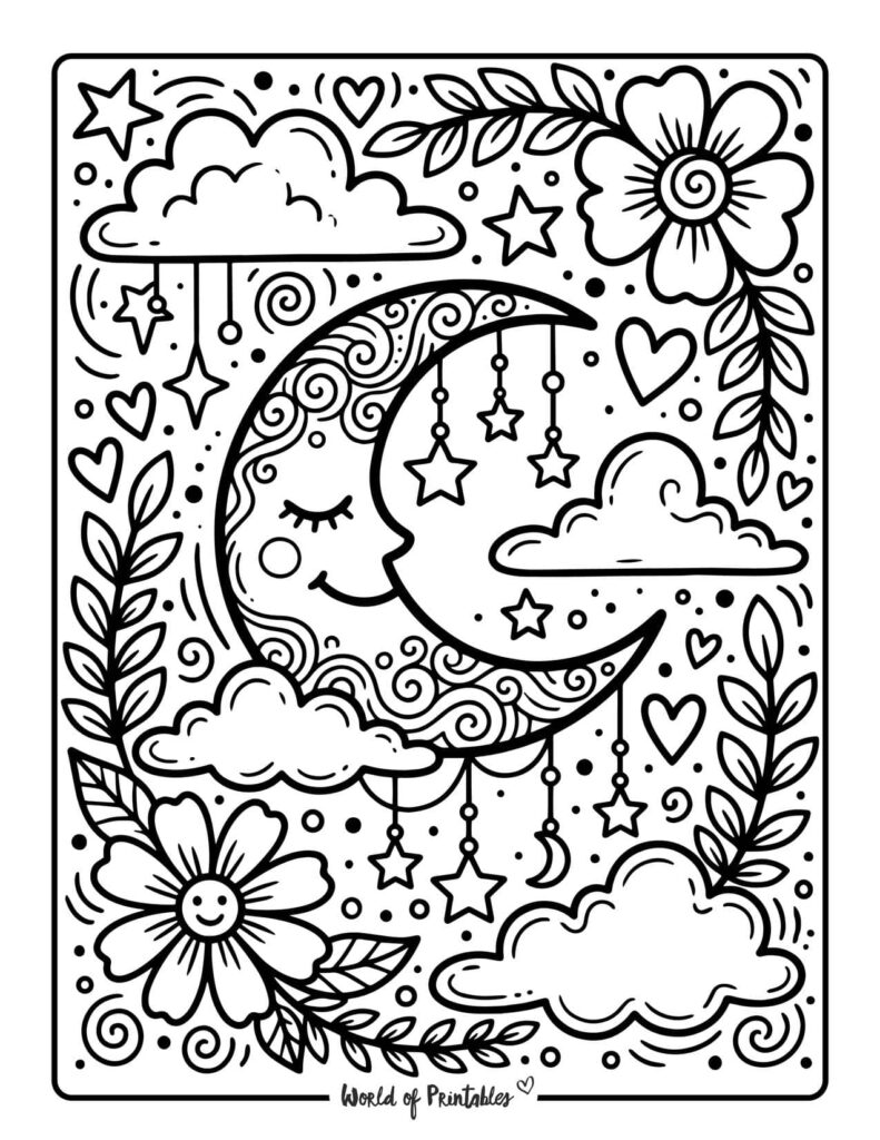 Hippie Moon and Clouds Coloring Page