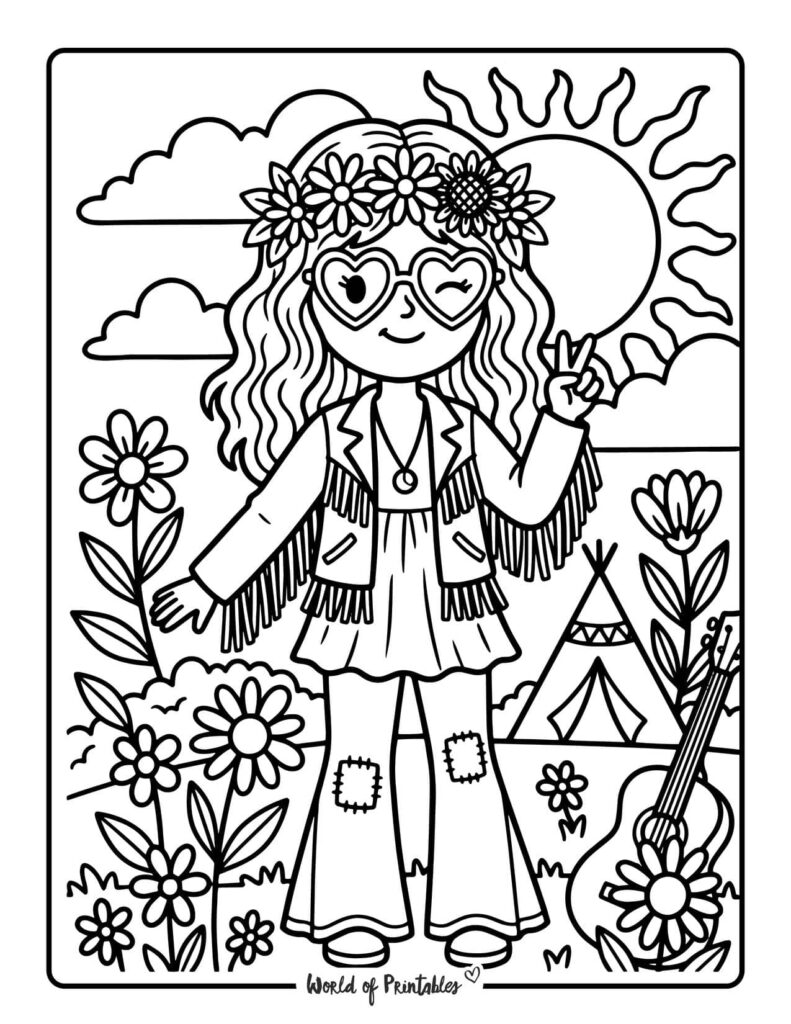 Hippie Peace Girl Coloring Page