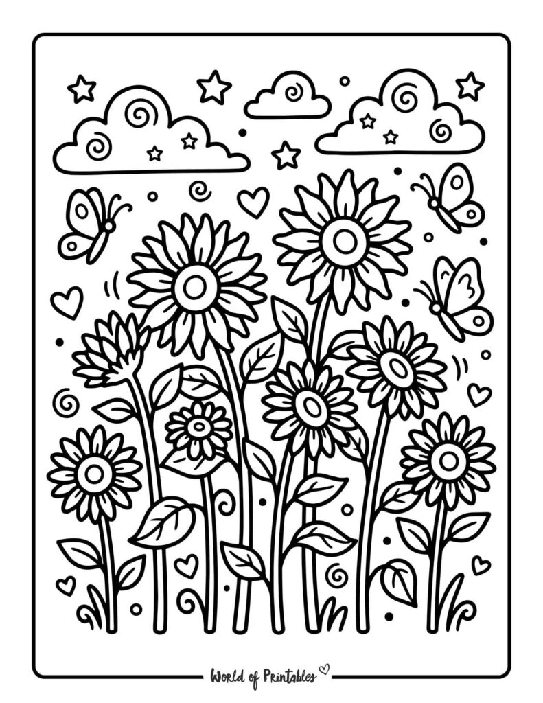Hippie Sunflower Garden Coloring Page