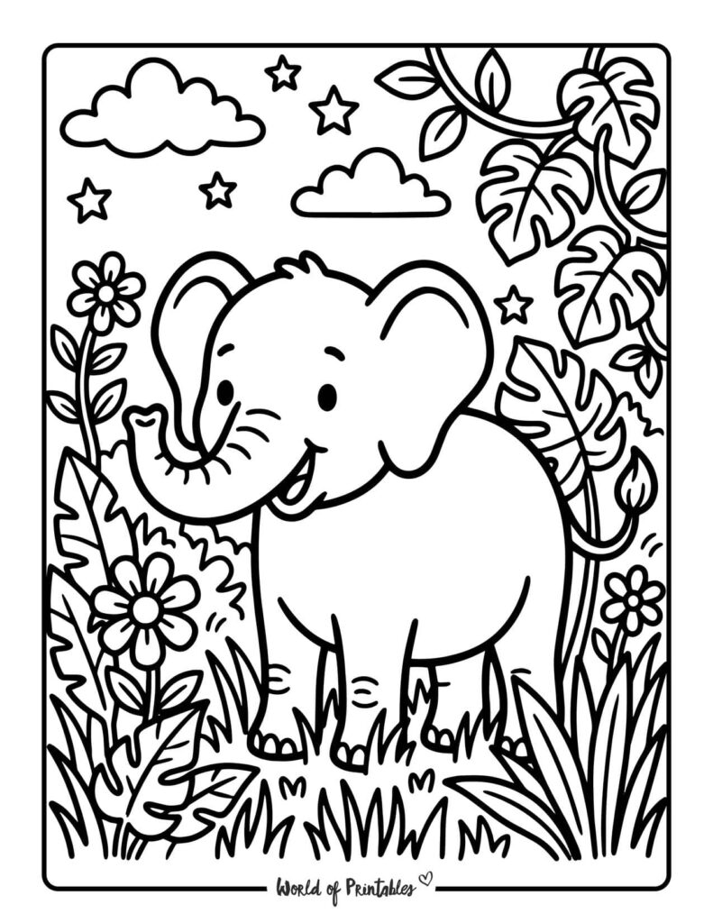 Jungle Elephant Coloring Page
