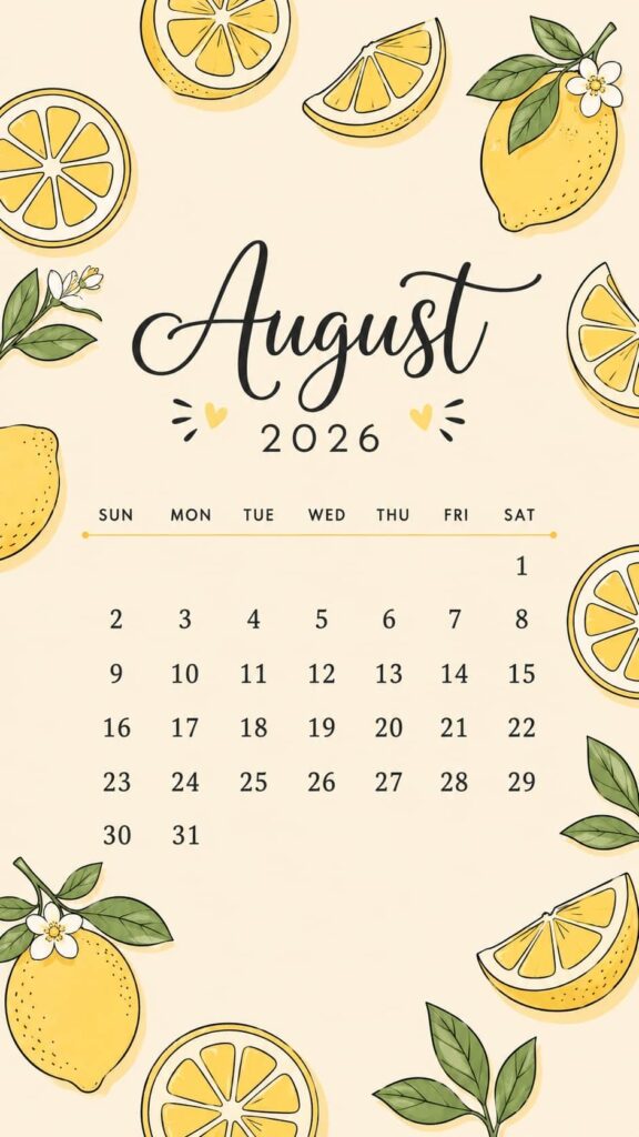 Lemon Summer August 2026 Calendar Phone Wallpaper