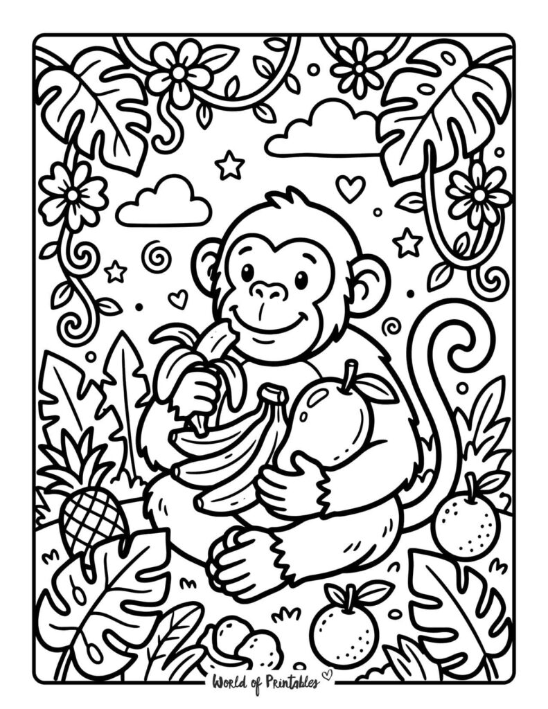 Monkey Eating Fruit Jungle Coloring Page