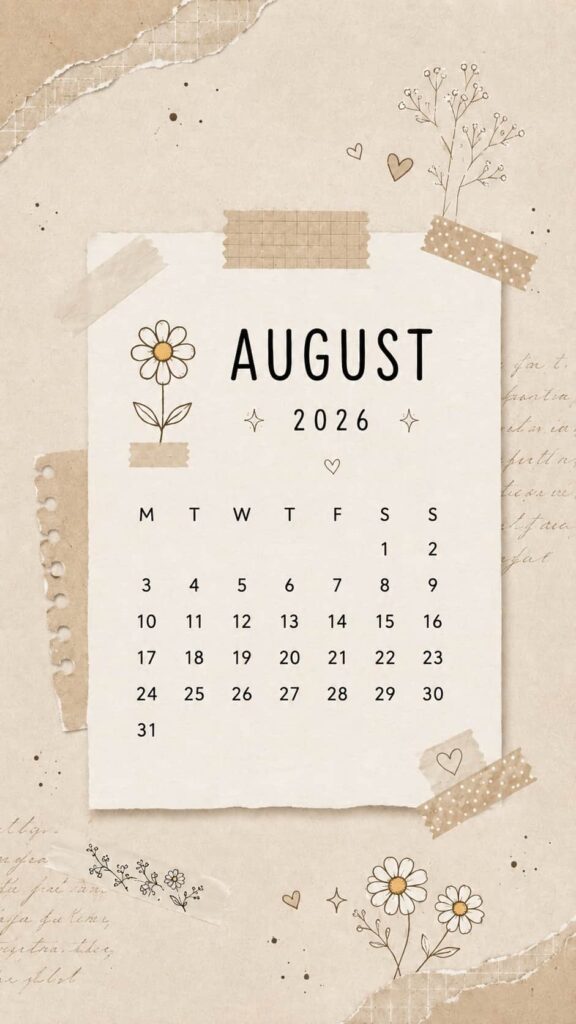 Neutral Vintage Scrapbook August 2026 Calendar Phone Wallpaper