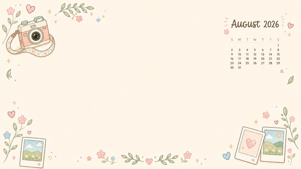 Pastel Camera August 2026 Calendar Desktop Wallpaper