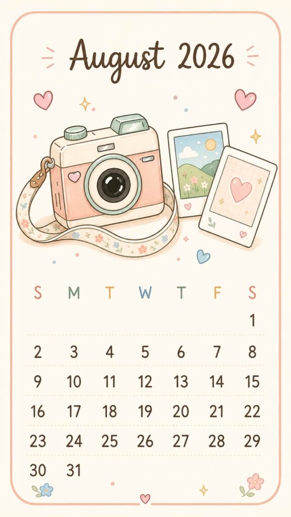Pastel Camera August 2026 Calendar Phone Wallpaper