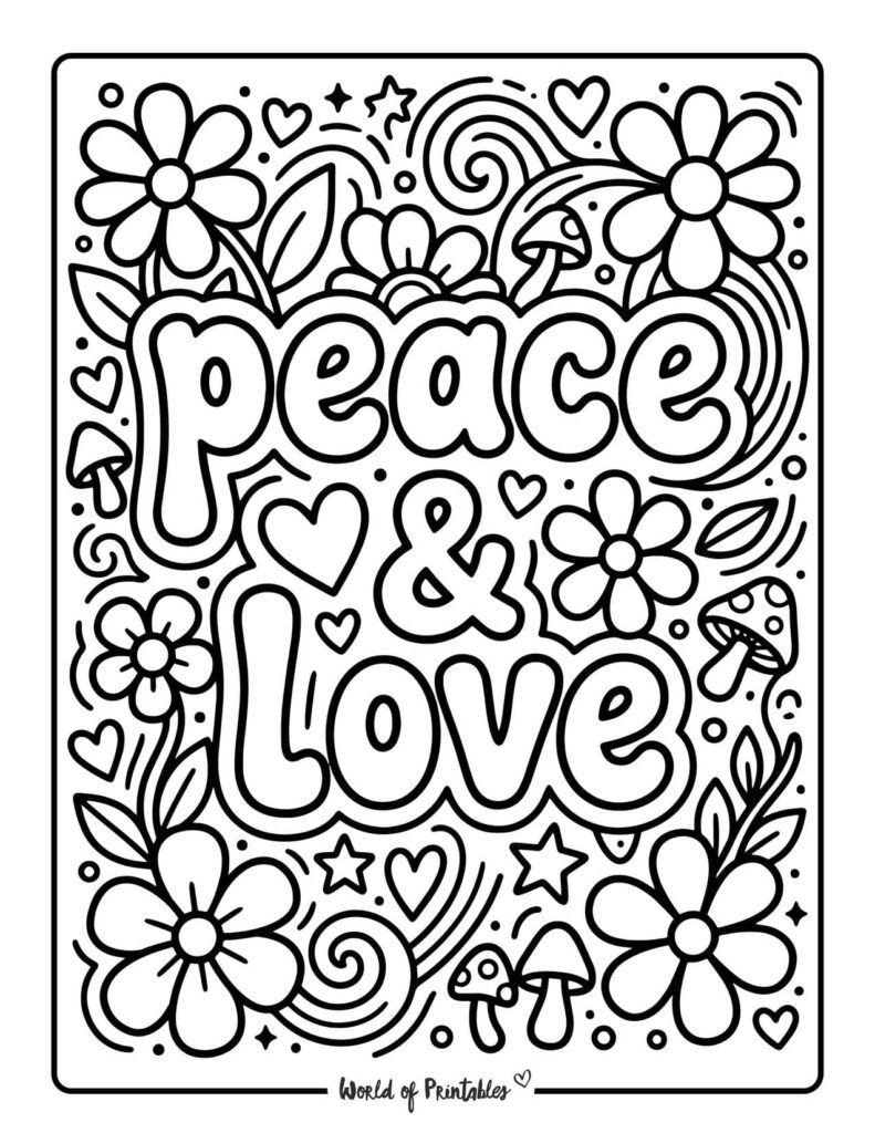 Peace and Love Hippie Coloring Page