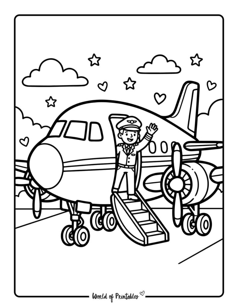 Pilot Standing By Airplane Coloring Page