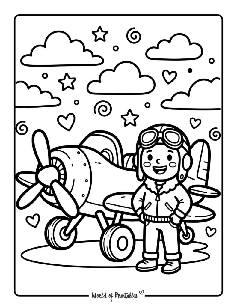 Pilot With Airplane Coloring Page