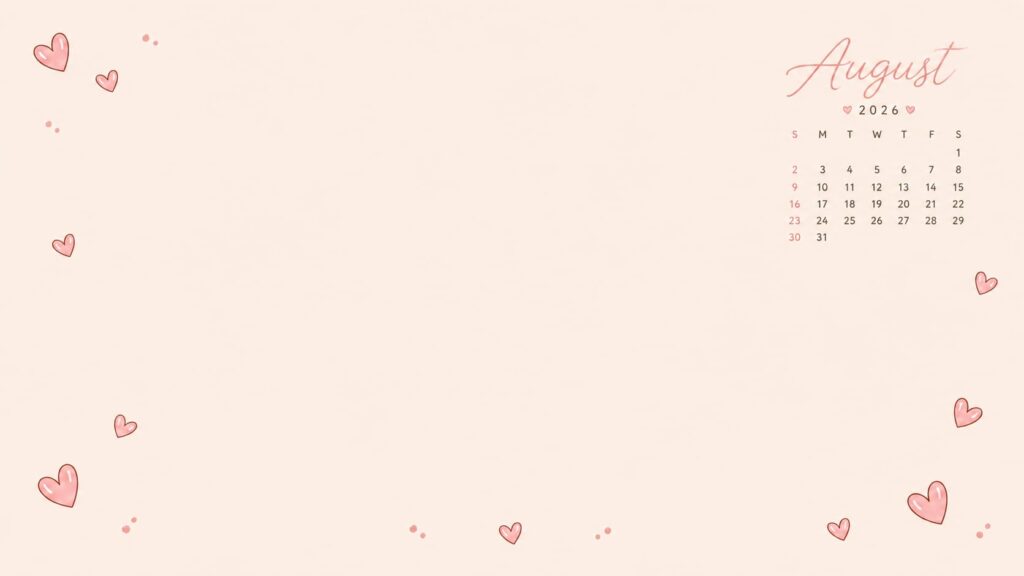 Pink Heart August 2026 Calendar Desktop Wallpaper