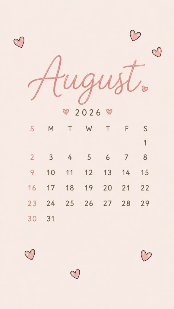 Pink Heart August 2026 Calendar Phone Wallpaper