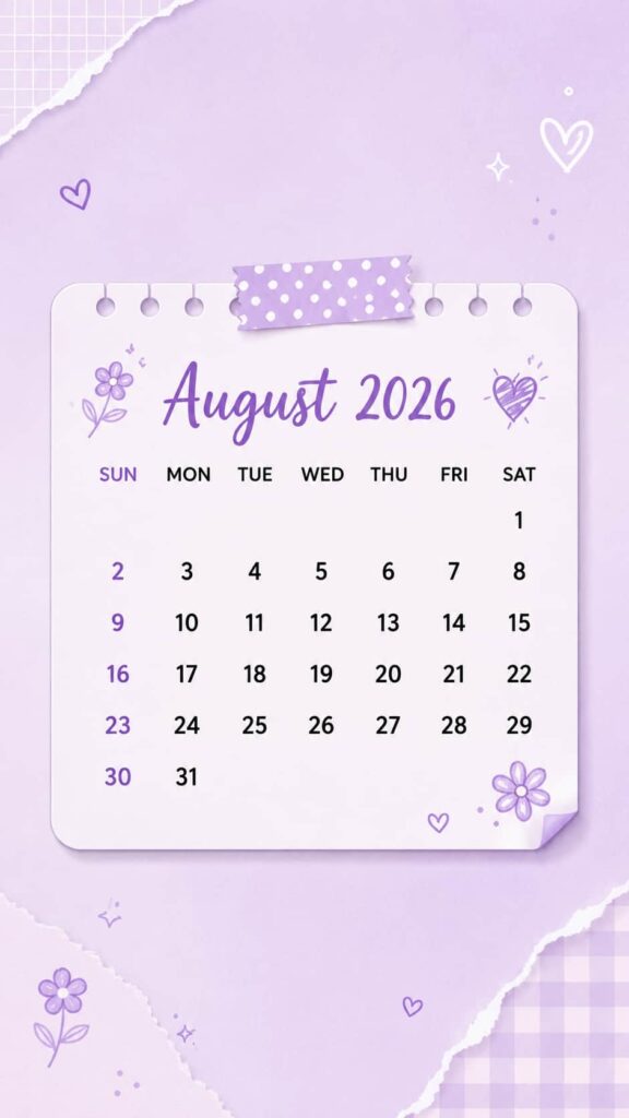 Purple Scrapbook August 2026 Calendar Phone Wallpaper