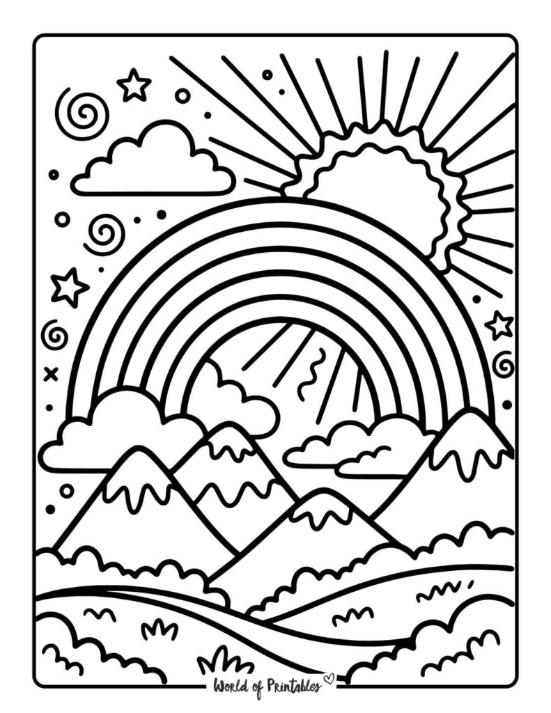 Rainbow Over Mountains Coloring Page
