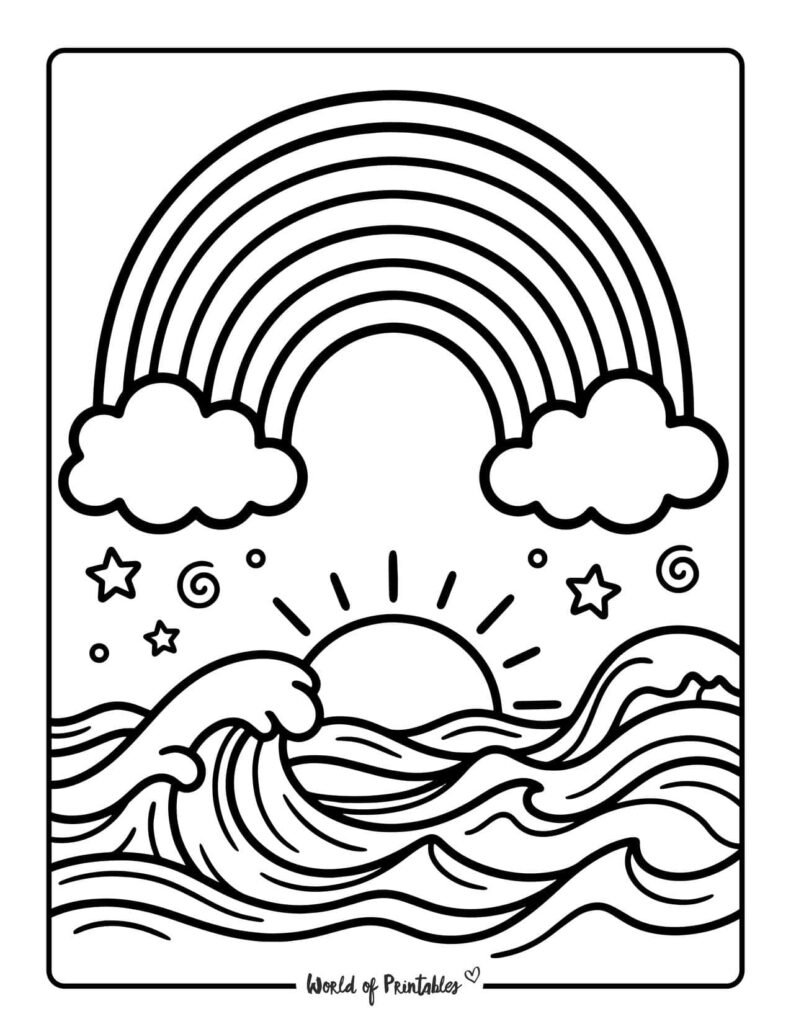Rainbow Over Ocean Waves Coloring Page