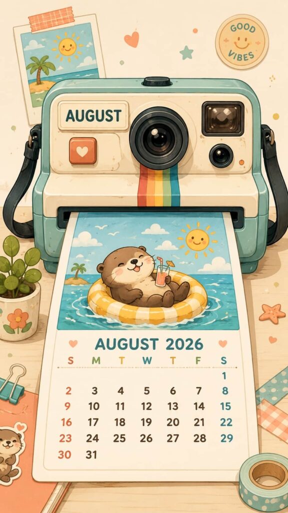 Retro Instant Camera August 2026 Calendar Phone Wallpaper