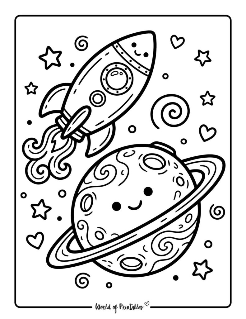 Rocket And Saturn Coloring Page