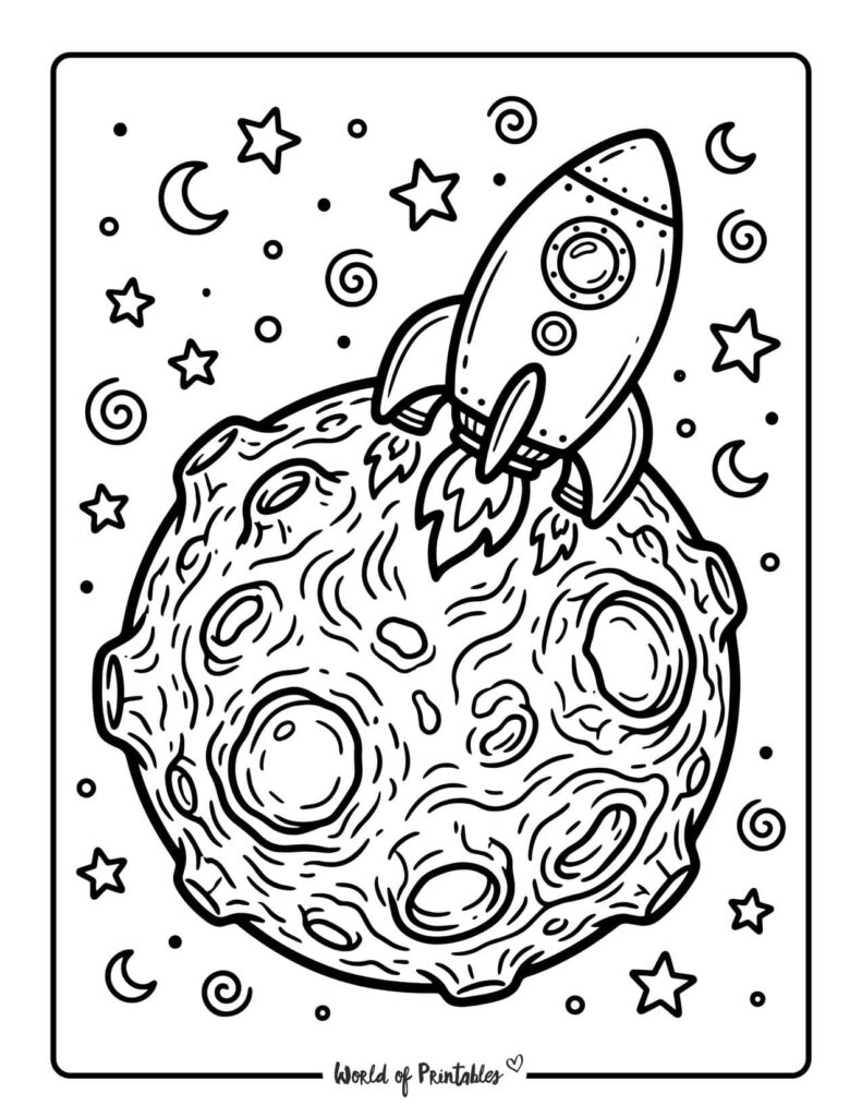 Rocket On Moon Coloring Page