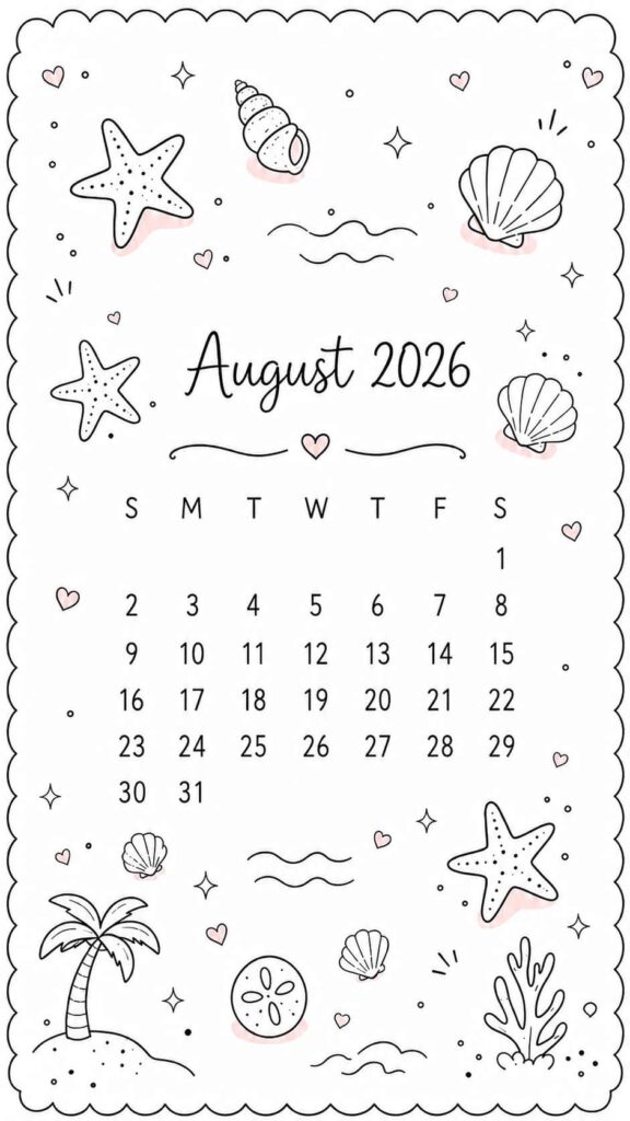 Seashell Beach Doodle August 2026 Calendar Phone Wallpaper