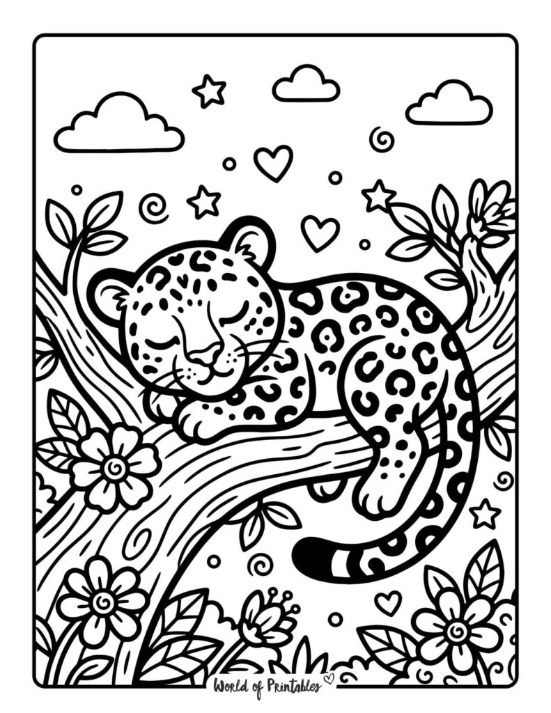 Sleeping Leopard on Tree Branch Coloring Page