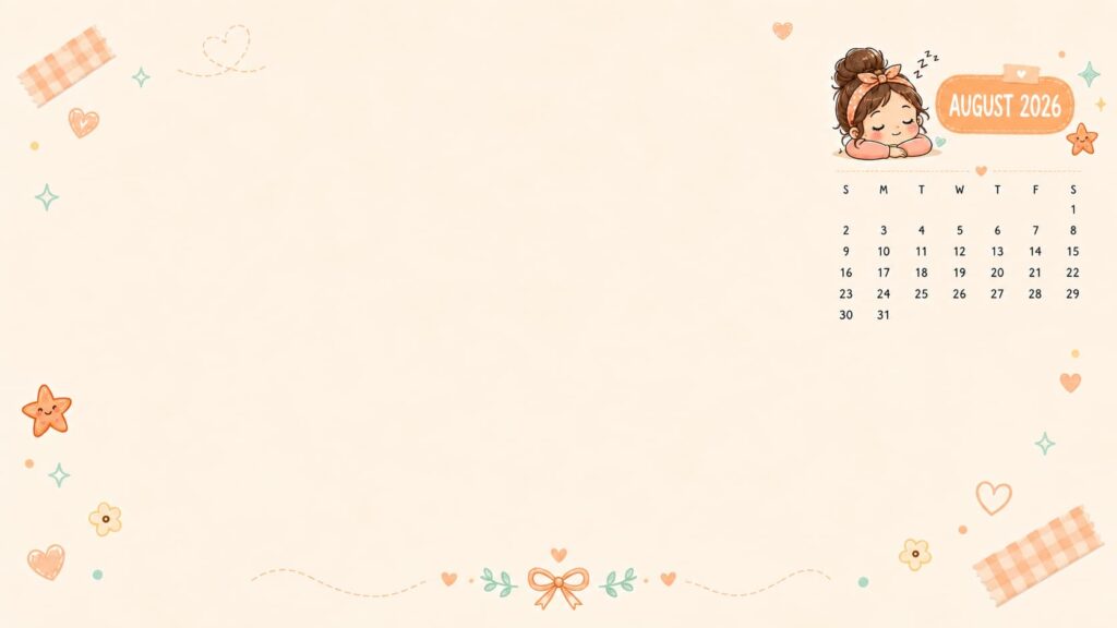 Sleepy Girl August 2026 Calendar Desktop Wallpaper