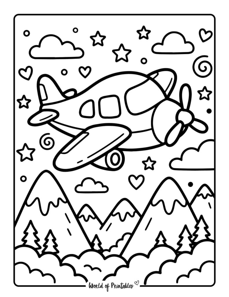 Small Airplane Over Mountains Coloring Page