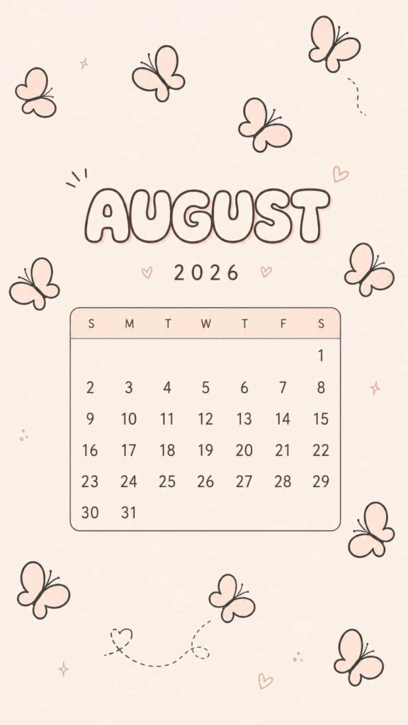 Soft Butterfly August 2026 Calendar Phone Wallpaper