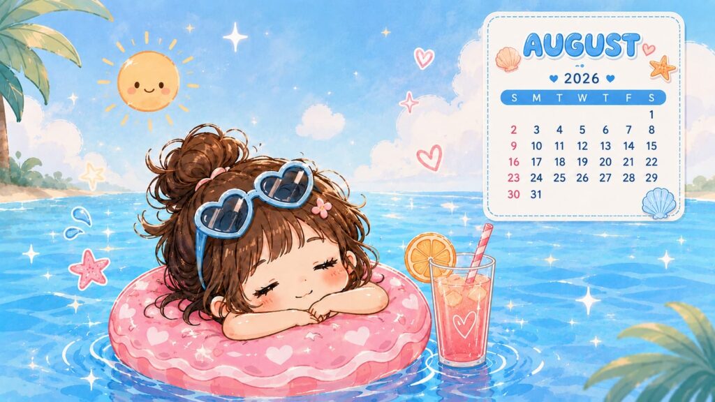 Summer Pool Girl August 2026 Calendar Desktop Wallpaper