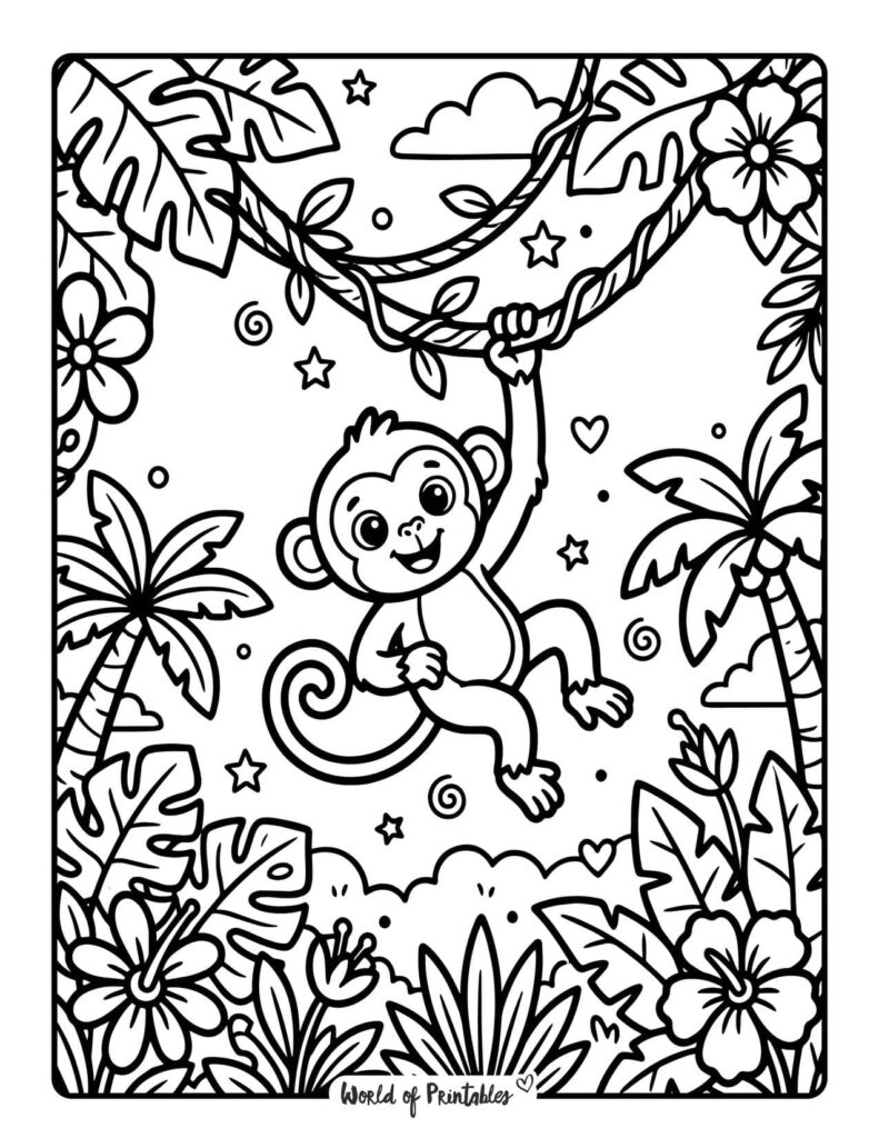 Swinging Monkey in the Jungle Coloring Page