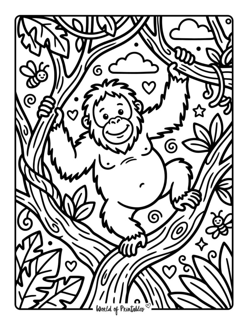 Swinging Orangutan Jungle Coloring Page
