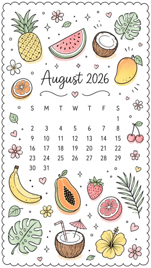 Tropical Fruit Doodle August 2026 Calendar Phone Wallpaper