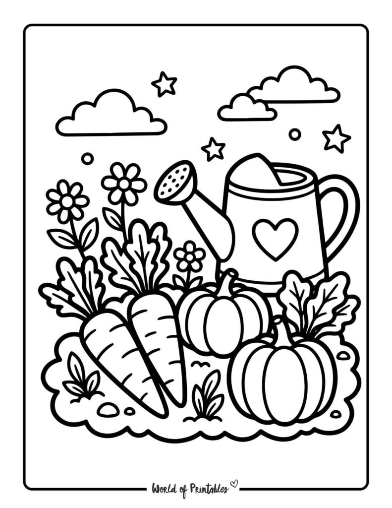 Vegetable Harvest and Watering Can Coloring Page