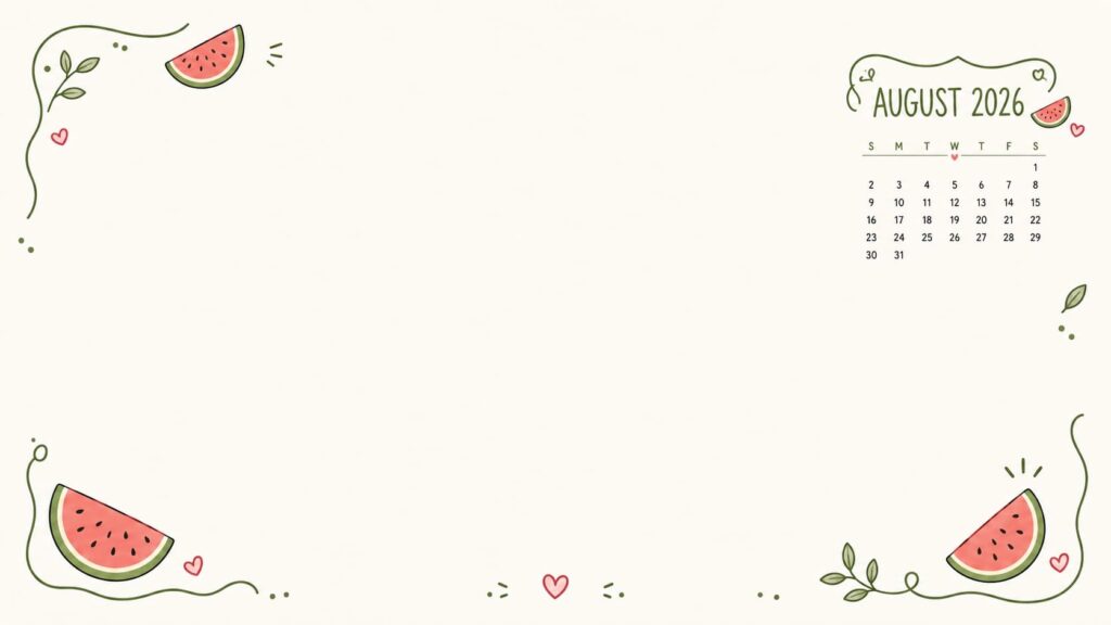 Watermelon Doodle August 2026 Calendar Desktop Wallpaper